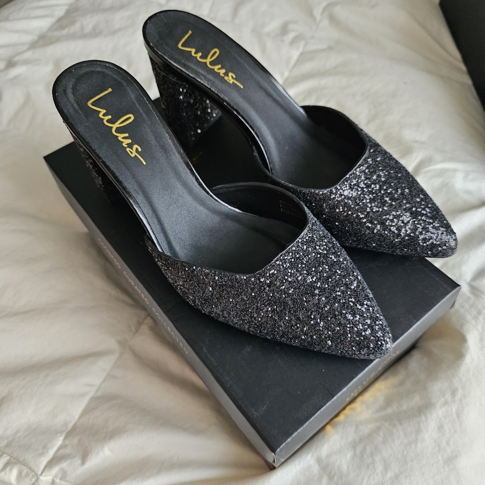 Lulu’s Black Glitter Pointed Toe Heeled Mules